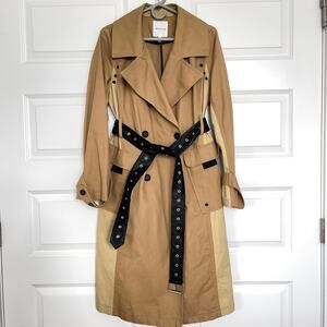 New Avec Les Filles Color Blocked Double Breasted Cotton Trench Coat Tan Size S